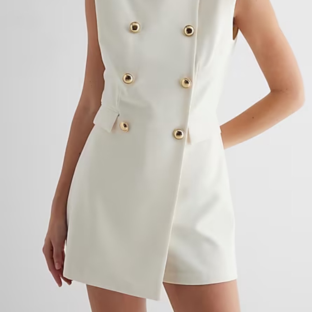 EXPRESS Sleeveless Double Breasted Novelty Button Blazer Romper
Color: Swan
